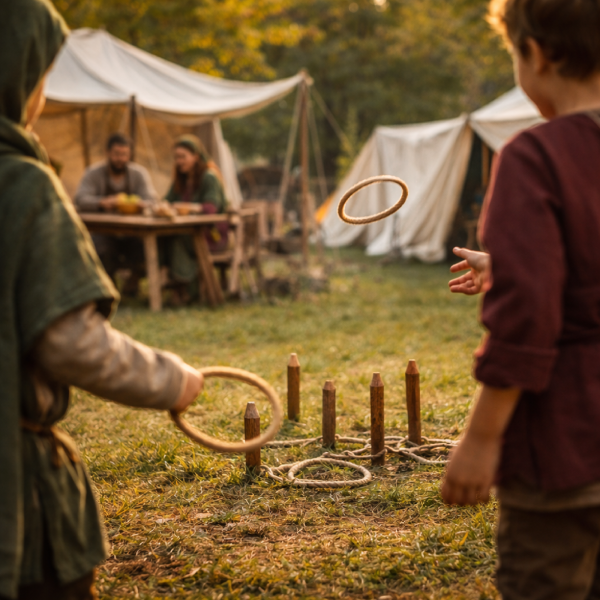 Zwei Personen spielen Ringewerfen auf einer Wiese vor mittelalterlichen Zelten.