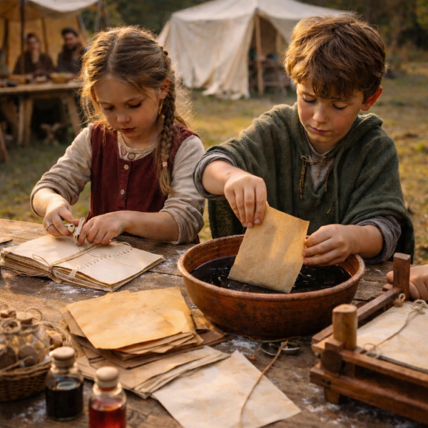 Zwei Kinder sitzen an einem Holztisch im Freien und tauchen Papier in eine große Schüssel mit Flüssigkeit